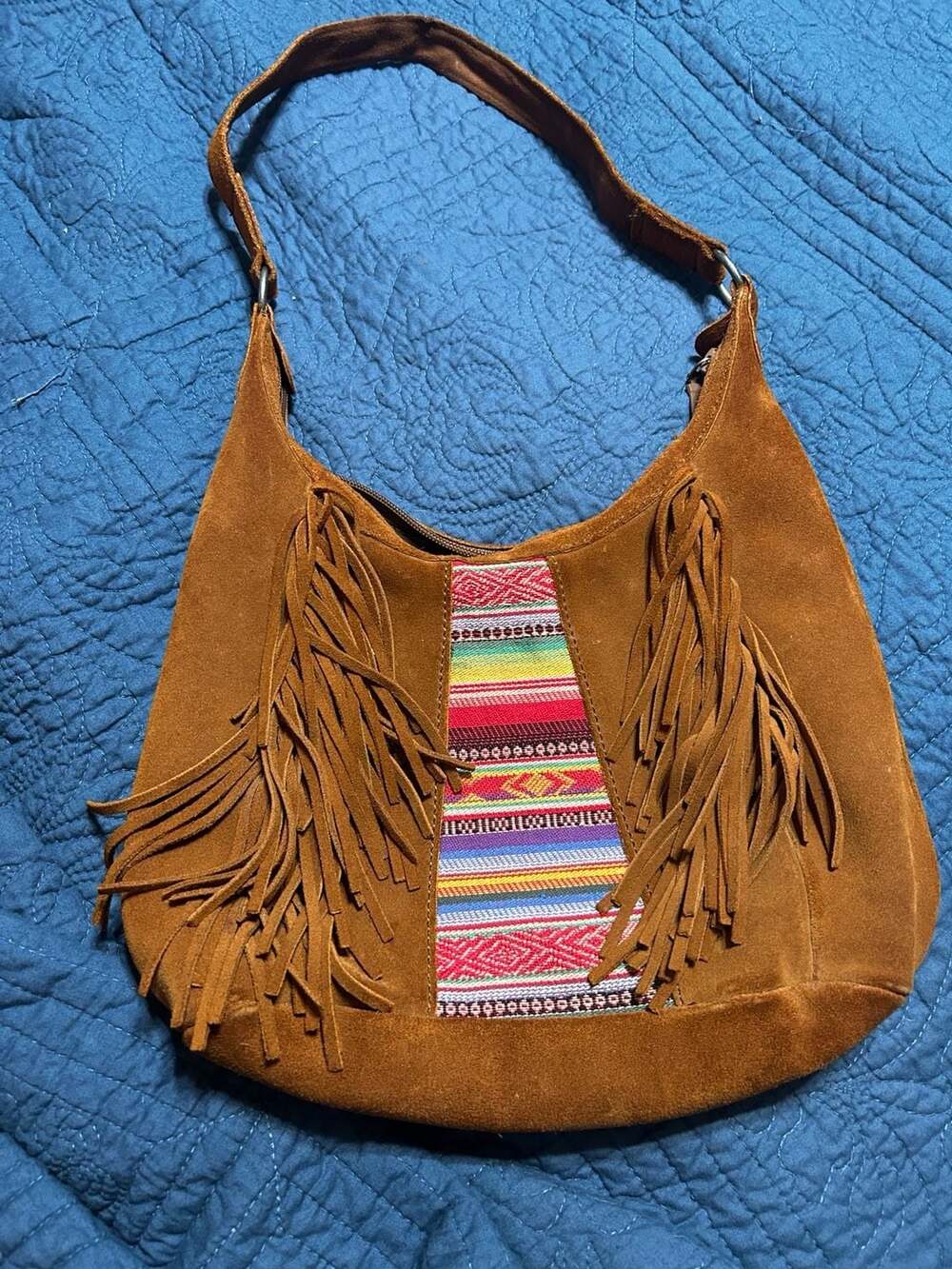 Minnetonka Suede Fringe Shoulder Bag Brown Multi Woven Boho Hippie